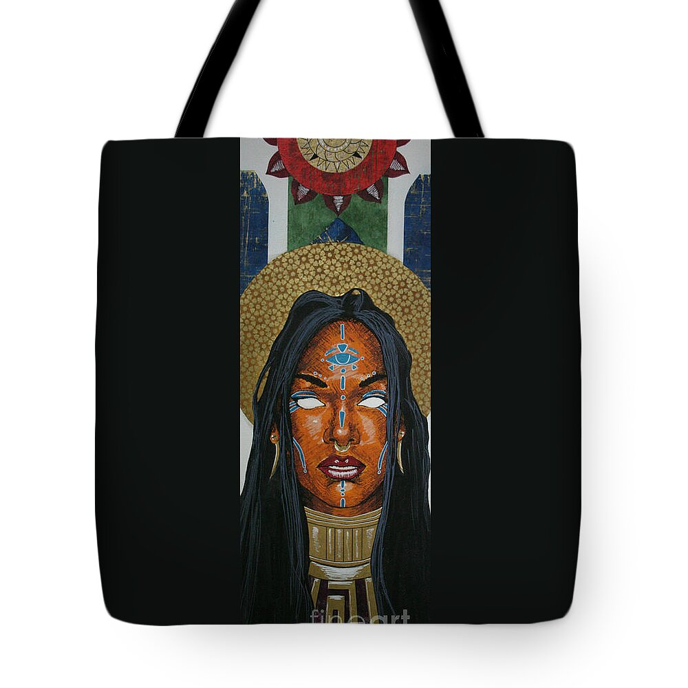 Black Tote Bag featuring the mixed media Untitled Goddess 6 by Edmund Royster