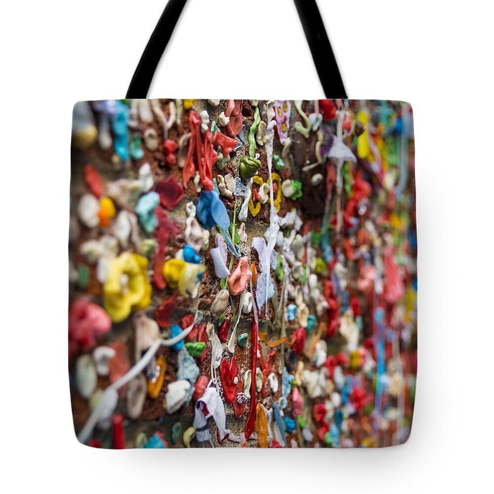 Gum Wall Tote Bag featuring the photograph Up close and personal with the Seattle Gum Wall by Matt McDonald