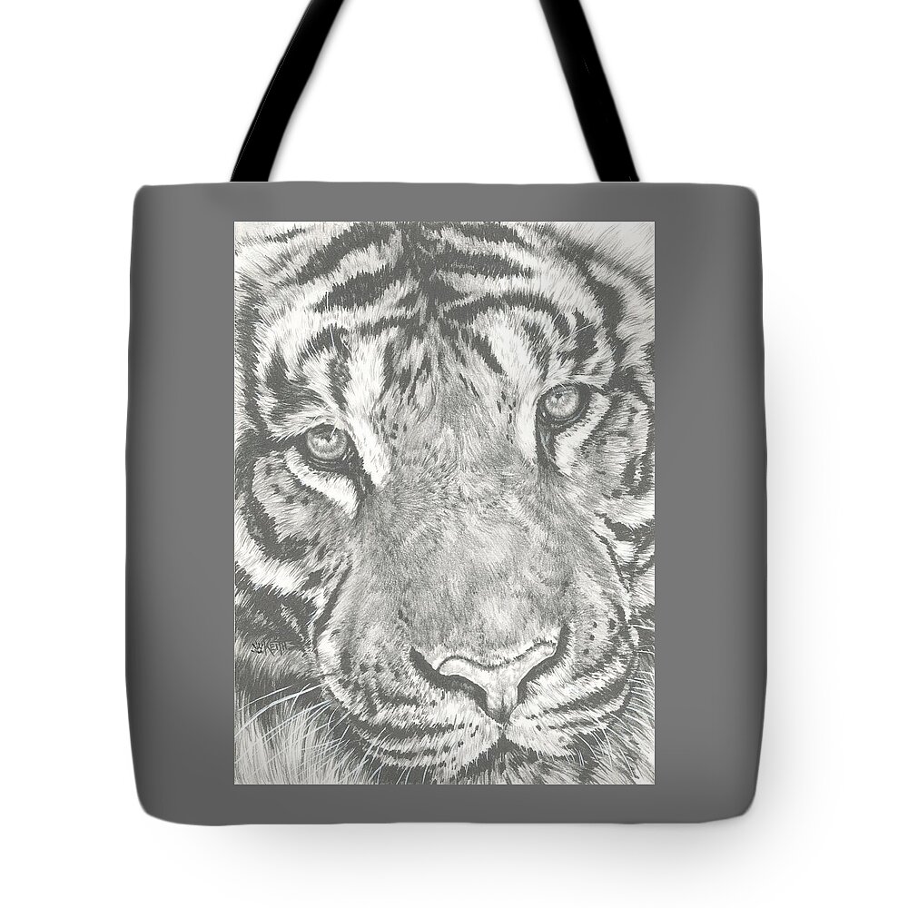 Tiger Tote Bag featuring the drawing Scrutiny by Barbara Keith