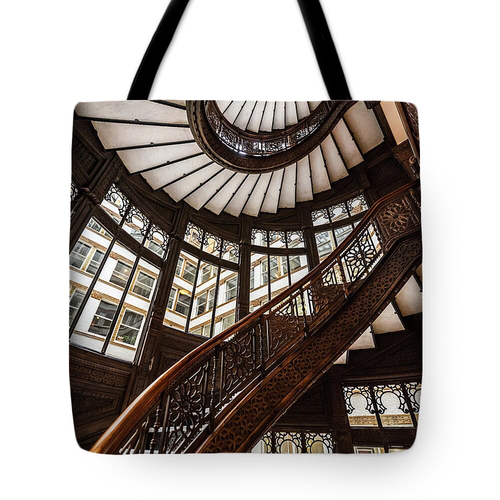 Chicago Tote Bag featuring the photograph Up the Iconic Rookery Building Staircase by Anthony Doudt
