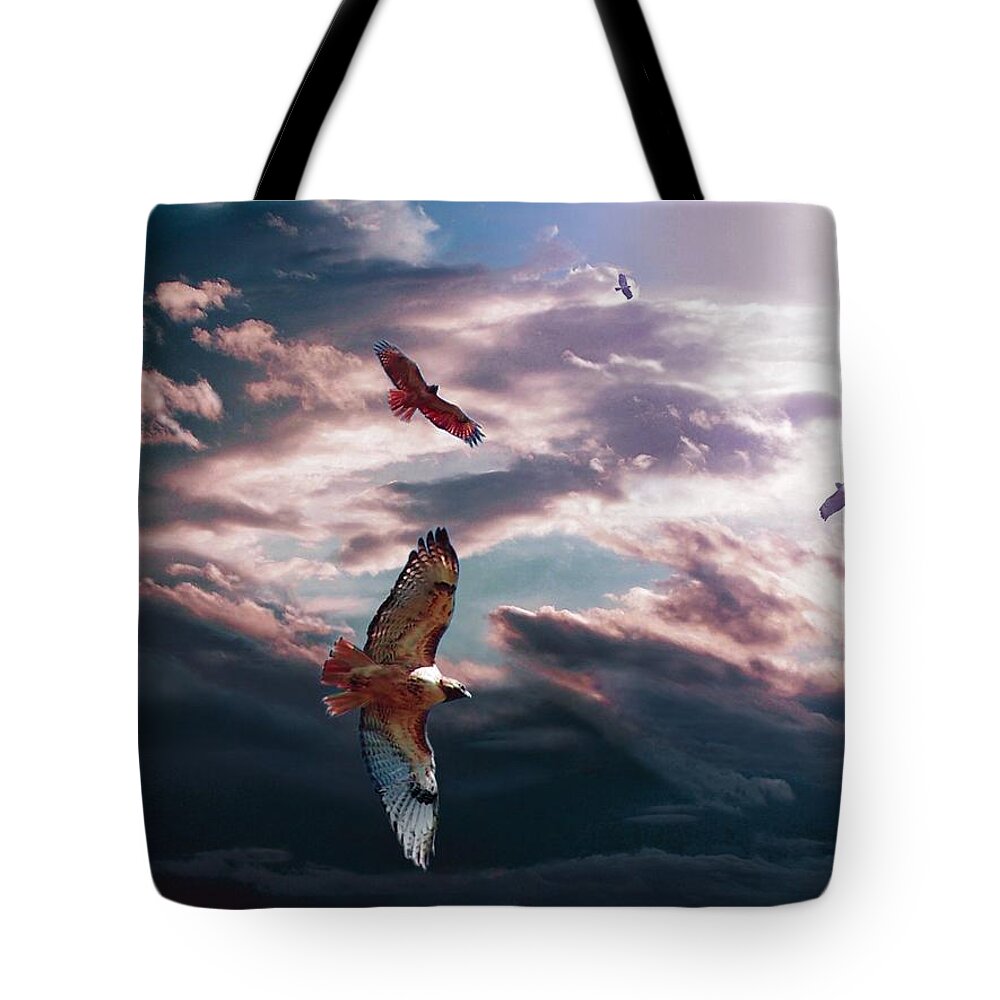 Hawks Tote Bag featuring the digital art Up Up and Away by Bill Stephens