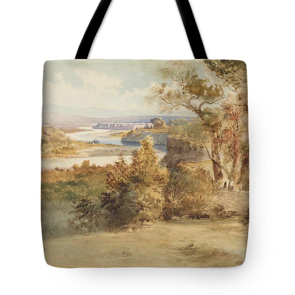 Upper Rangitikei Tote Bag featuring the painting Upper Rangitikei, 1868, by Nicholas Chevalier. by Celestial Images