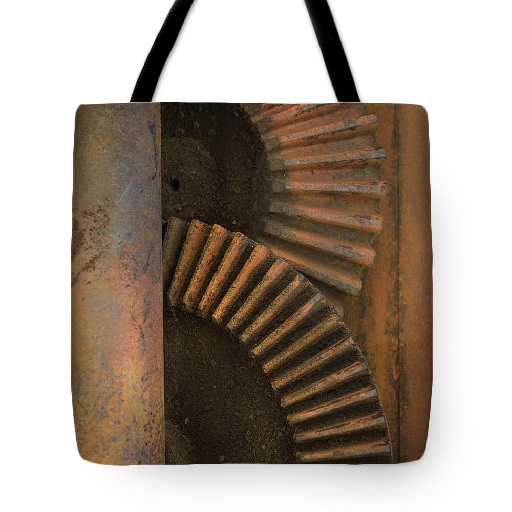 Rust Tote Bag featuring the photograph Upright Gears by Karen Harrison Brown