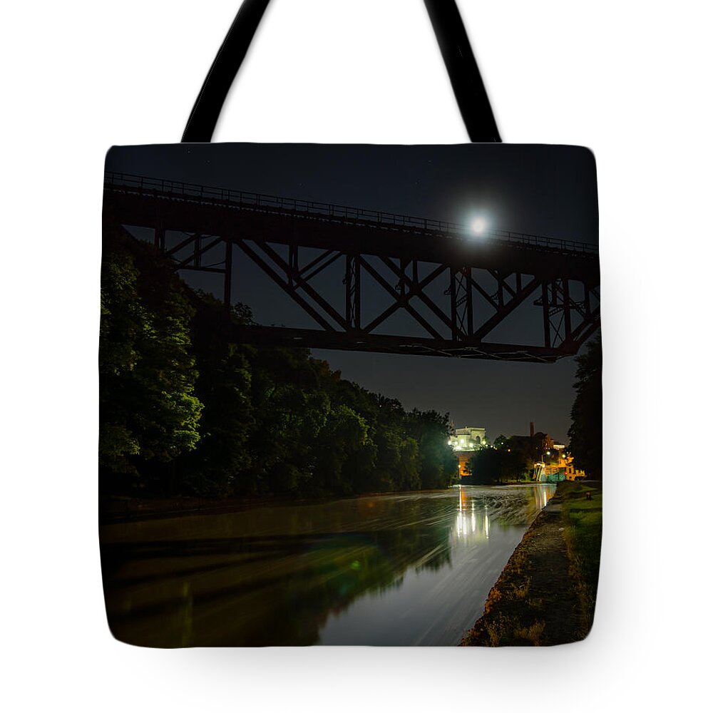 Dark Tote Bag featuring the photograph Upside-Down Moonlight by Chris Bordeleau