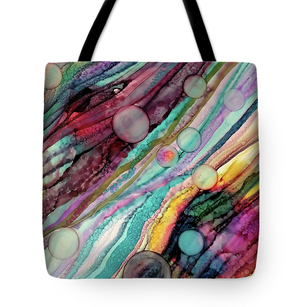 Abstract Colorful Water Bubbles Blue Aqua Red Pink Purple Mystical Fantasy Tote Bag featuring the painting Upstream by Brenda Salamone