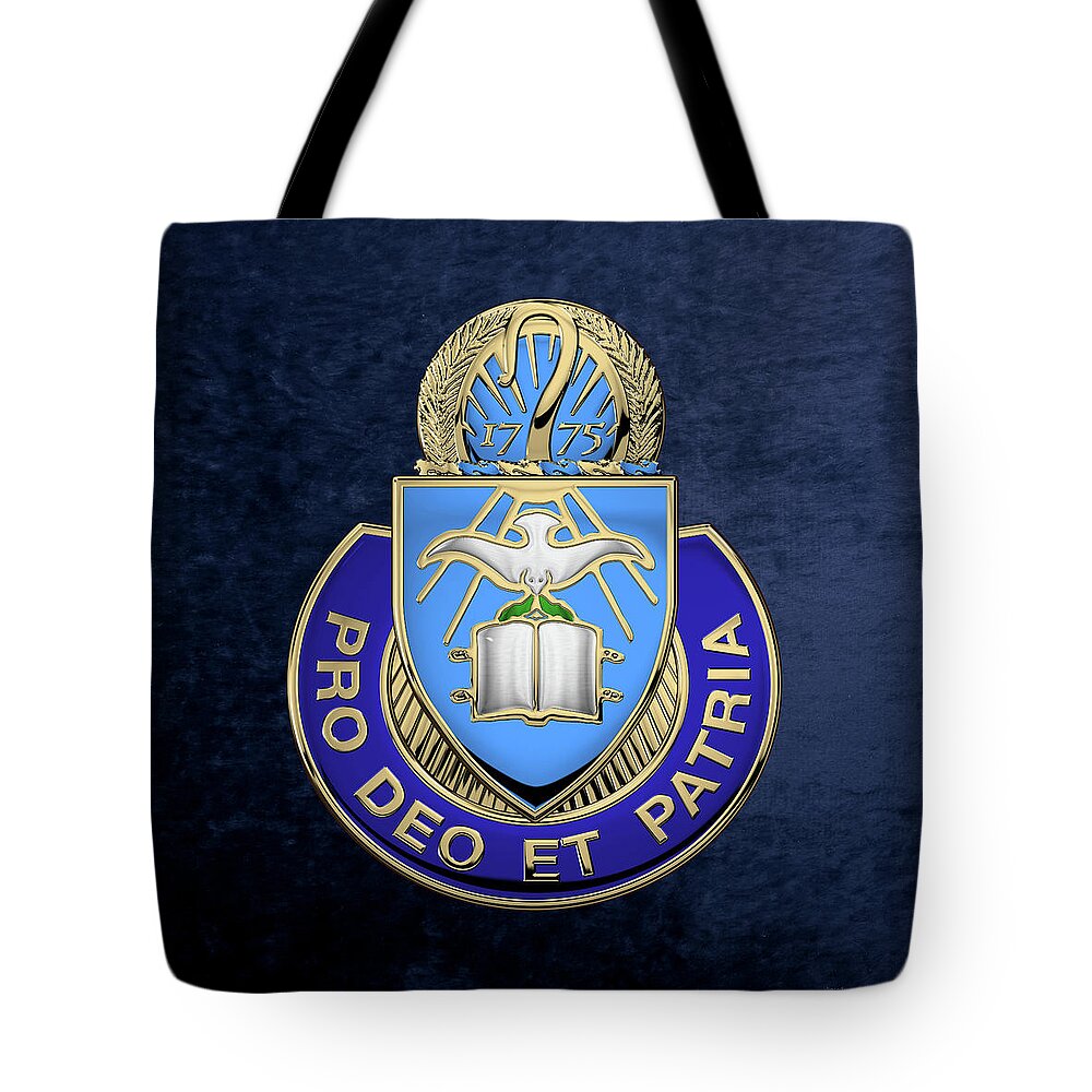 'military Insignia & Heraldry' Collection By Serge Averbukh Tote Bag featuring the digital art U. S. Army Chaplain Corps - Regimental Insignia over Blue Velvet by Serge Averbukh