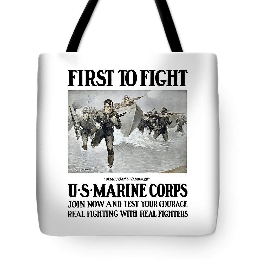 Marines Tote Bag featuring the painting US Marine Corps - First To Fight by War Is Hell Store