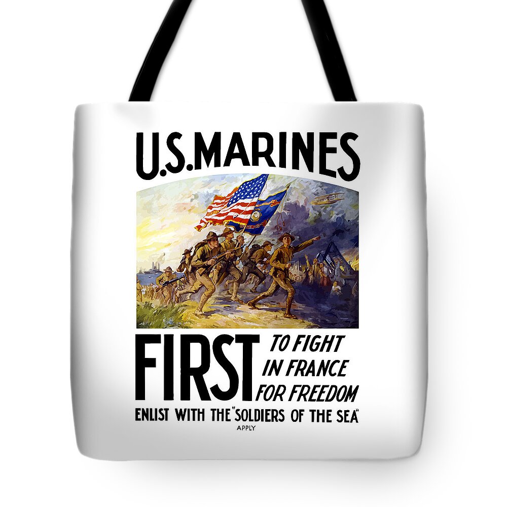 Marines Tote Bag featuring the painting US Marines - First To Fight In France by War Is Hell Store