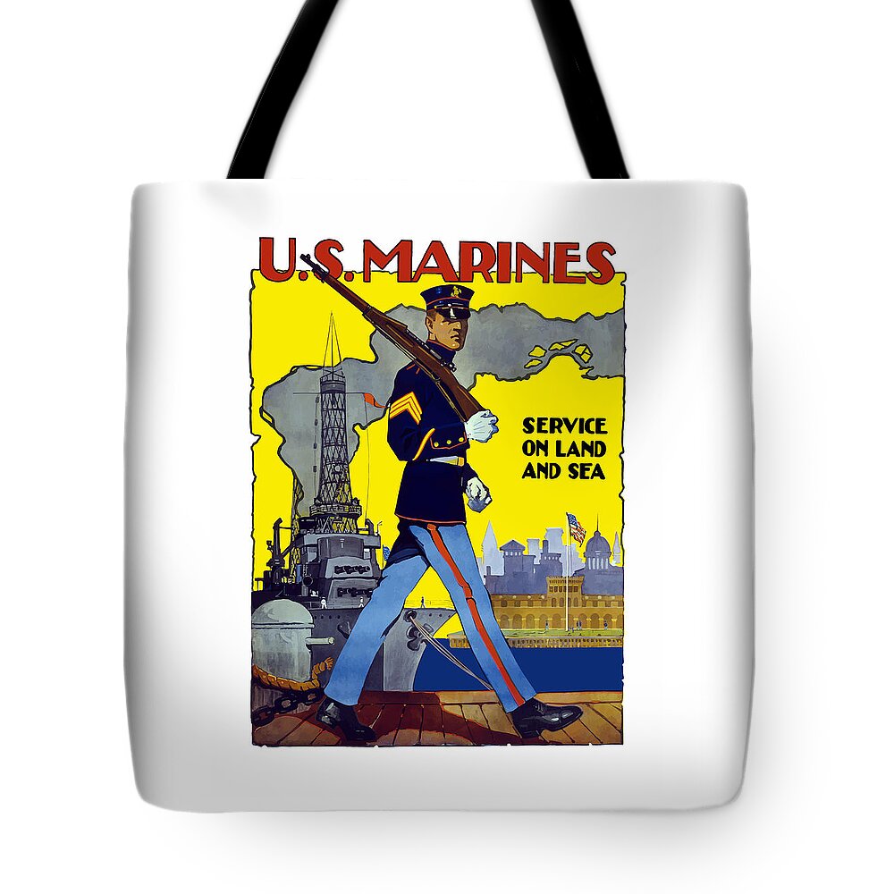 Marines Tote Bag featuring the painting U.S. Marines - Service On Land And Sea by War Is Hell Store