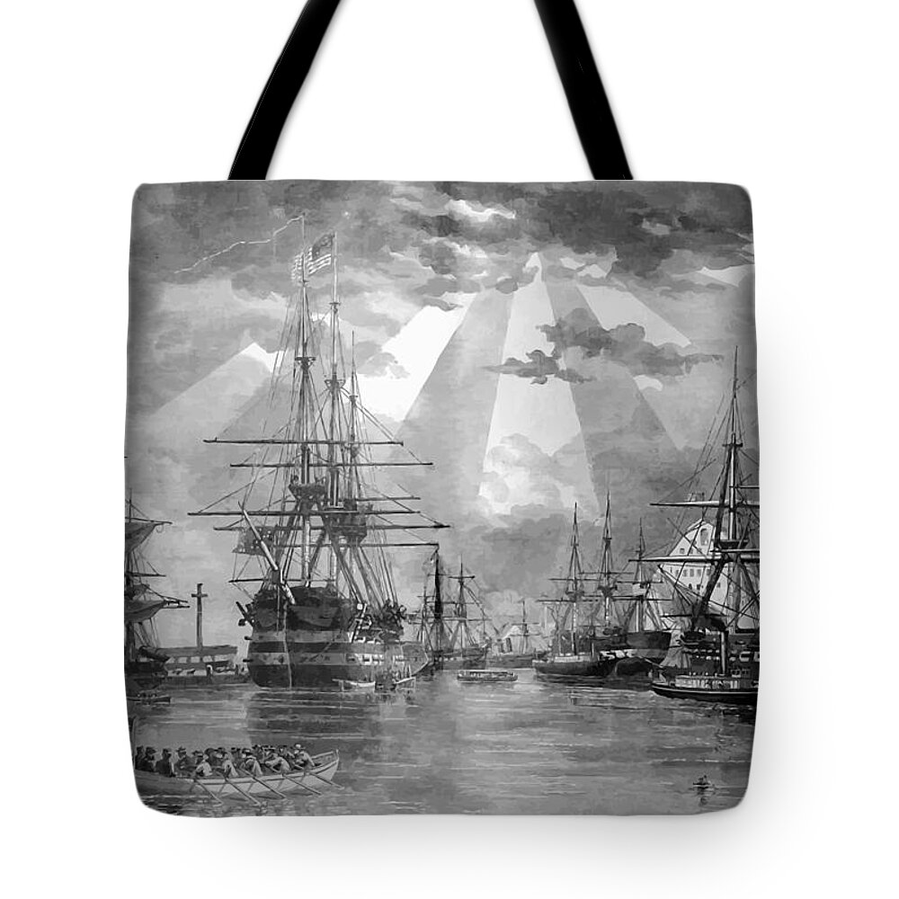 Navy Tote Bag featuring the painting U.S. Naval Ships at The Brooklyn Navy Yard by War Is Hell Store