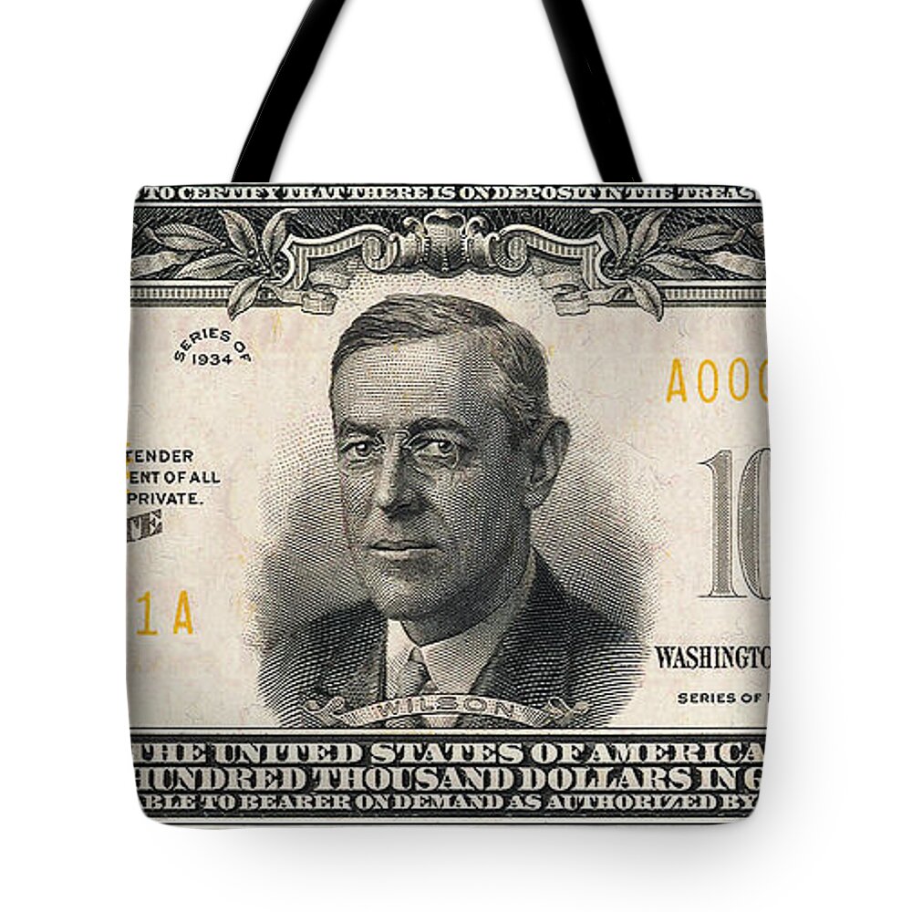 'paper Currency' Collection By Serge Averbukh Tote Bag featuring the digital art U.S. One Hundred Thousand Dollar Bill - 1934 $100000 USD Treasury Note by Serge Averbukh