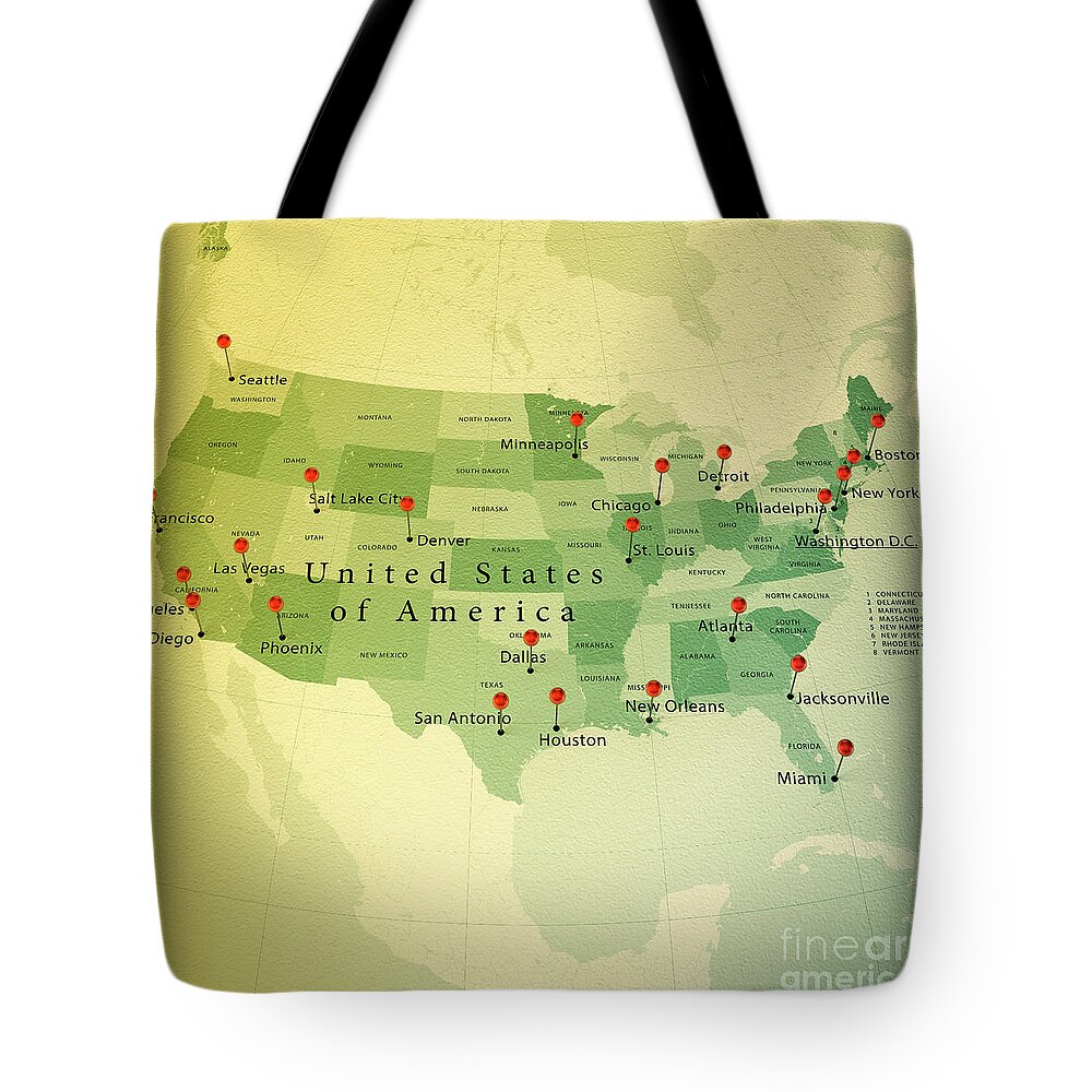 Cartography Tote Bag featuring the digital art USA Map Square Cities Straight Pin Vintage by Frank Ramspott