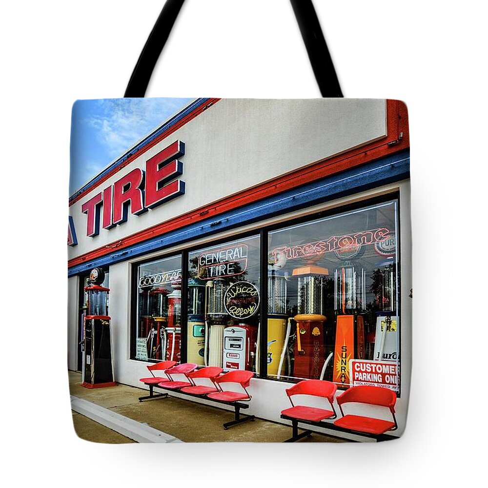 Utica Tote Bag featuring the digital art USA Tire DSC_0529 by Michael Thomas