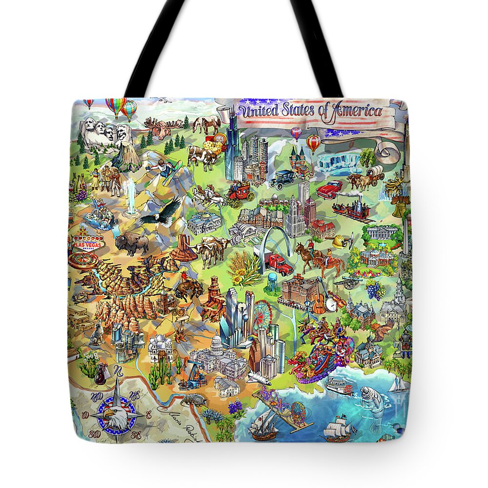 Los Angeles Tote Bag featuring the painting USA Wonders Map Illustration by Maria Rabinky