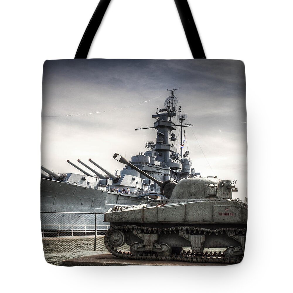 Alabama Tote Bag featuring the photograph USS Alabama and Tank by Debra Forand