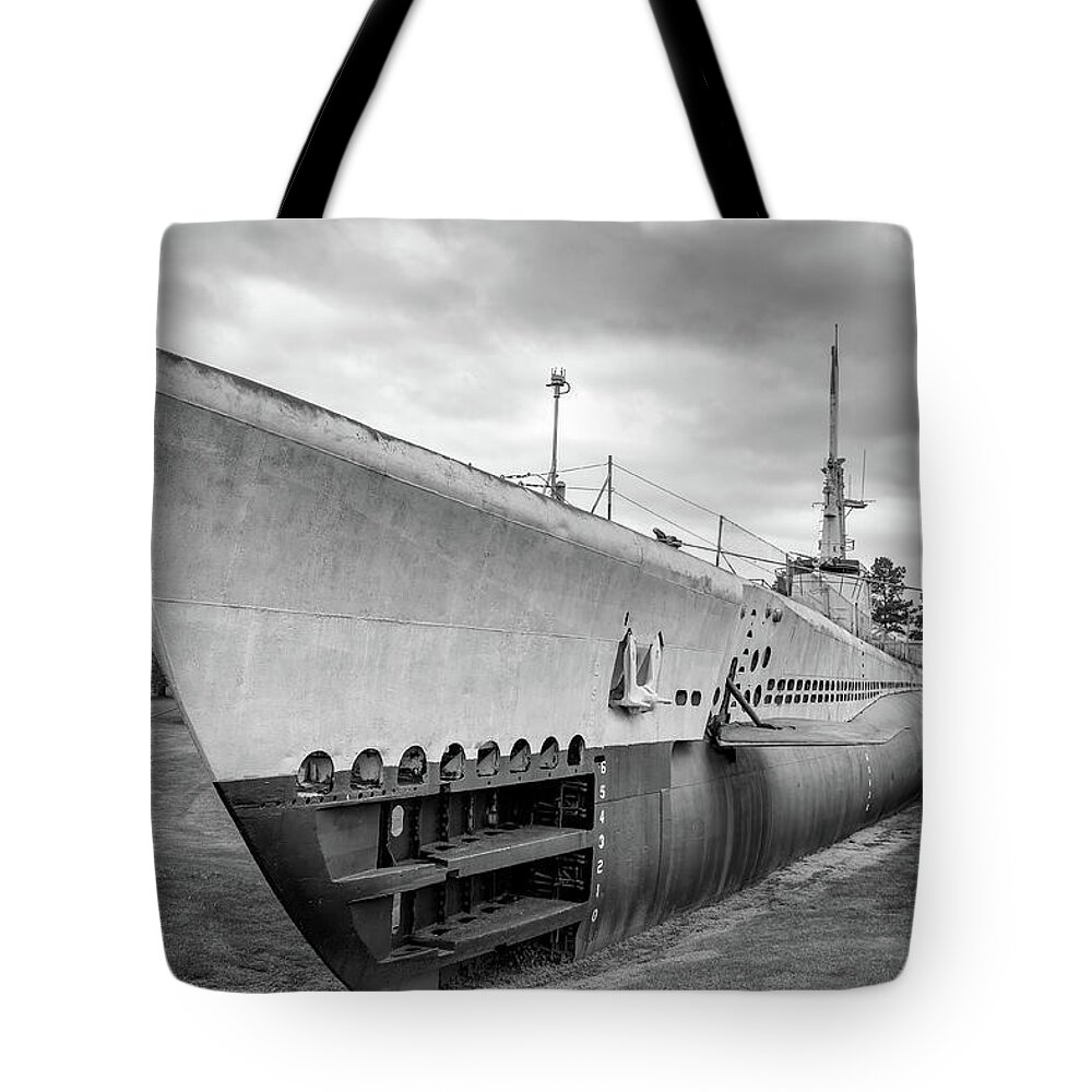 Submarine Tote Bag featuring the photograph U.S.S. Batfish in BW by James Barber