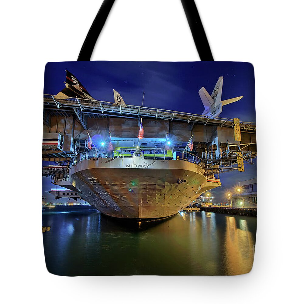 Navy Tote Bag featuring the photograph USS Midway Aircraft Carrier by Sam Antonio
