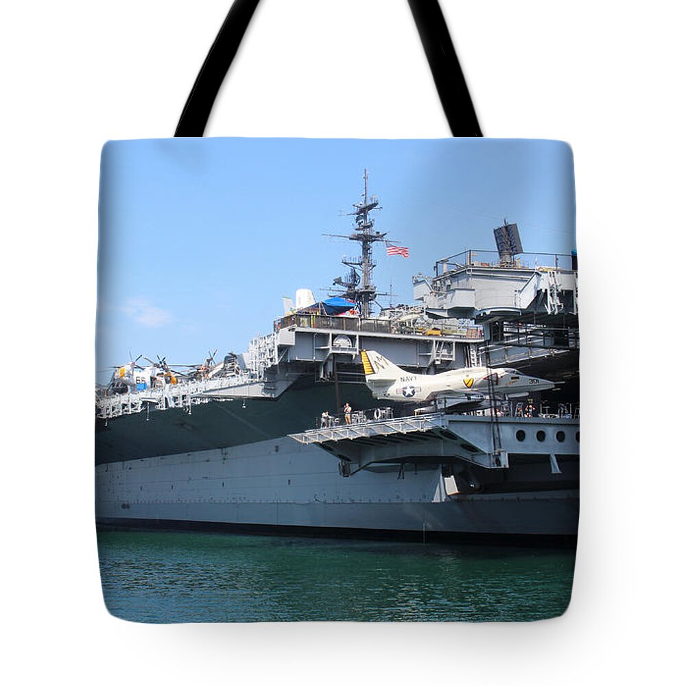 Uss Midway Ship Tote Bag featuring the photograph USS Midway Carrier by Cheryl Del Toro