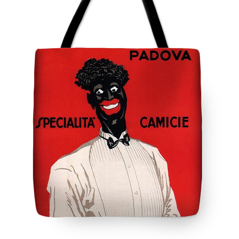 V Bonaldi Tote Bag featuring the mixed media V Bonaldi, Padova - Specialita Camicie - Vintage Italian Fashion Advertising Poster by Studio Grafiikka