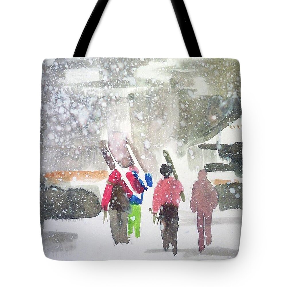 Outdoors Travel Snow Nature Figuresholidays Tote Bag featuring the painting Vail,Colorado by Ed Heaton