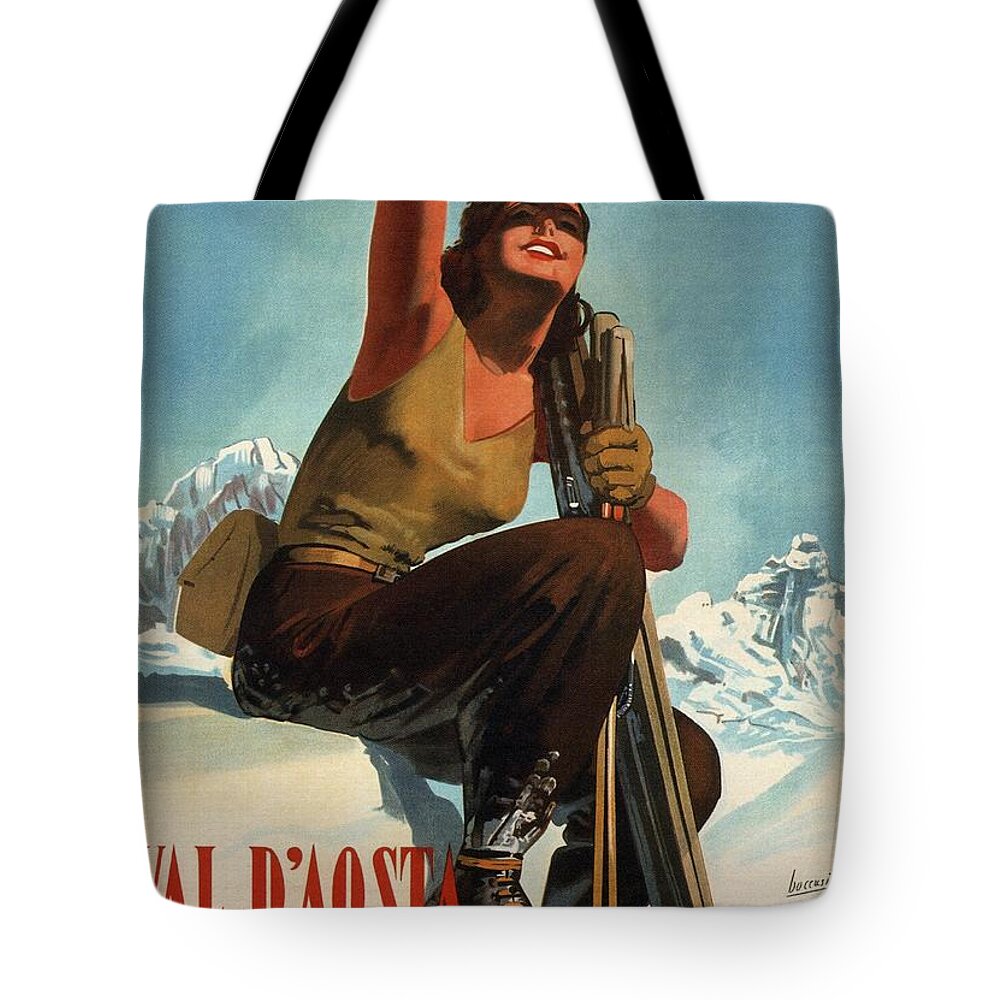 Val D'aosta Tote Bag featuring the mixed media Val D'aosta Sport Invernali - Ski Poster - Retro travel Poster - Vintage Poster by Studio Grafiikka