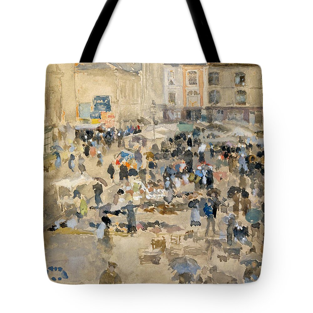 James Abbott Mcneill Whistler Tote Bag featuring the drawing Variations in Violet and Grey-Market Place. Dieppe by James Abbott McNeill Whistler