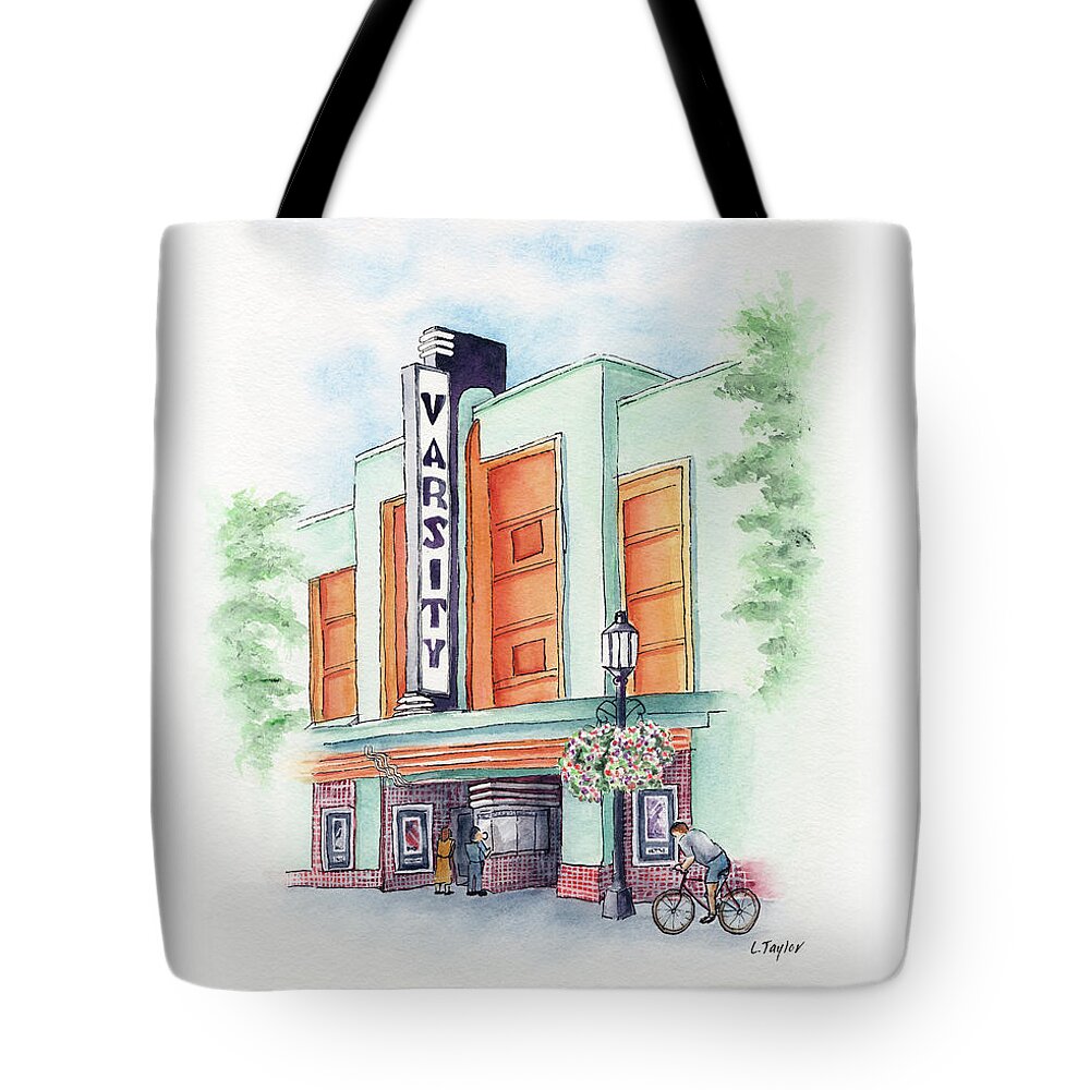 Old Theater Tote Bag featuring the painting Varsity on Main by Lori Taylor