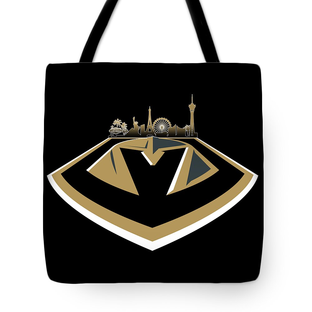 Lasvegas Tote Bag featuring the digital art Vegas Golden Knights with Skyline by Ricky Barnard
