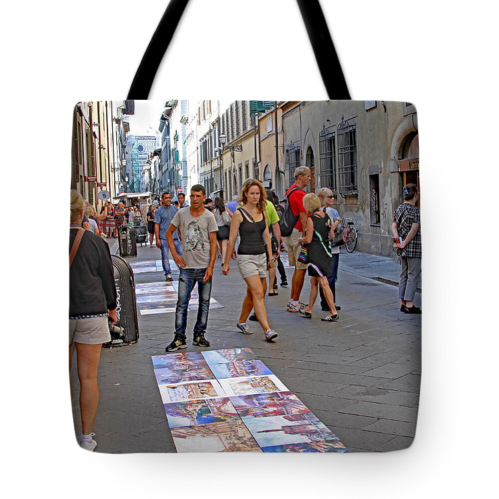 Italy Tote Bag featuring the photograph Vendors Selling Reproductions on the Street by Allan Levin