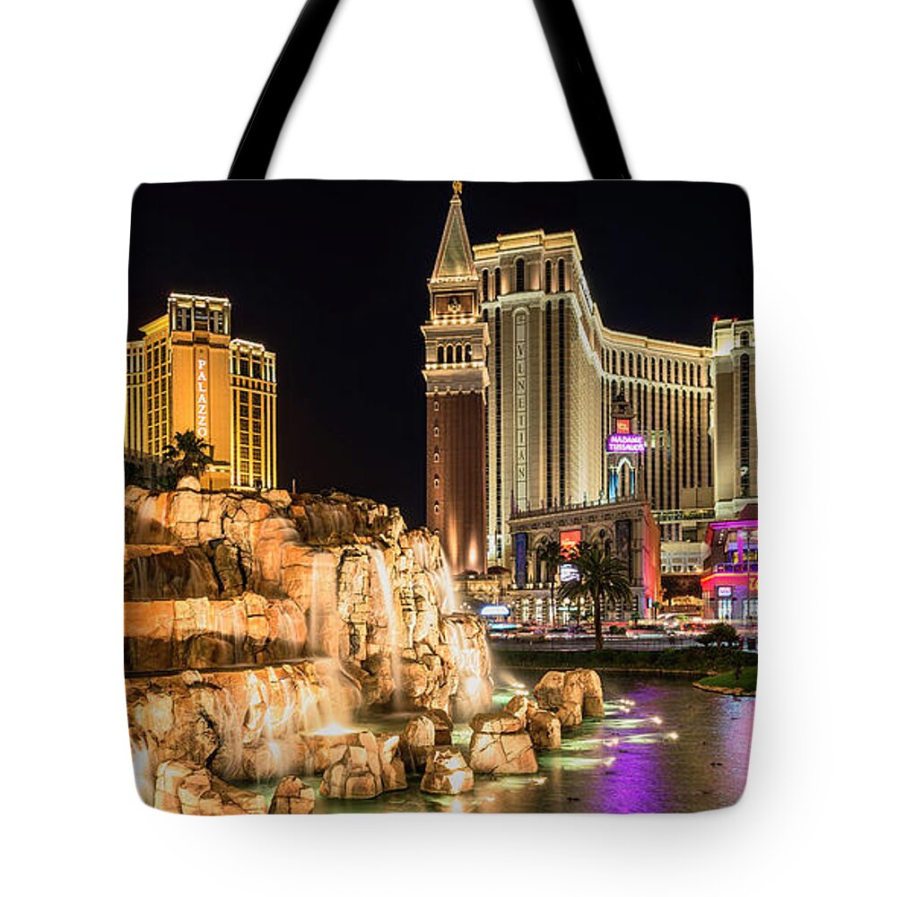 Venetian Tote Bag featuring the photograph Venetian in Front of the Mirage Volcano Night by Aloha Art