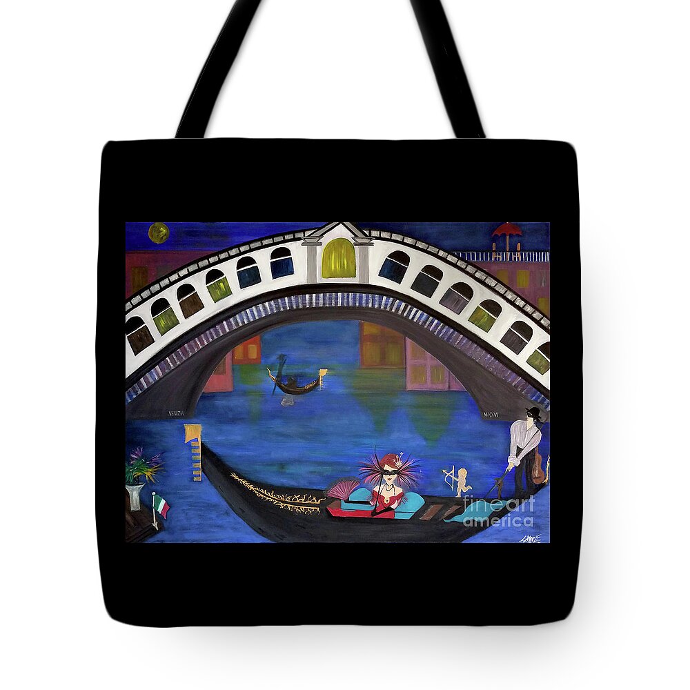 Gondola Tote Bag featuring the painting Venice Gondola By Night by Artist Linda Marie