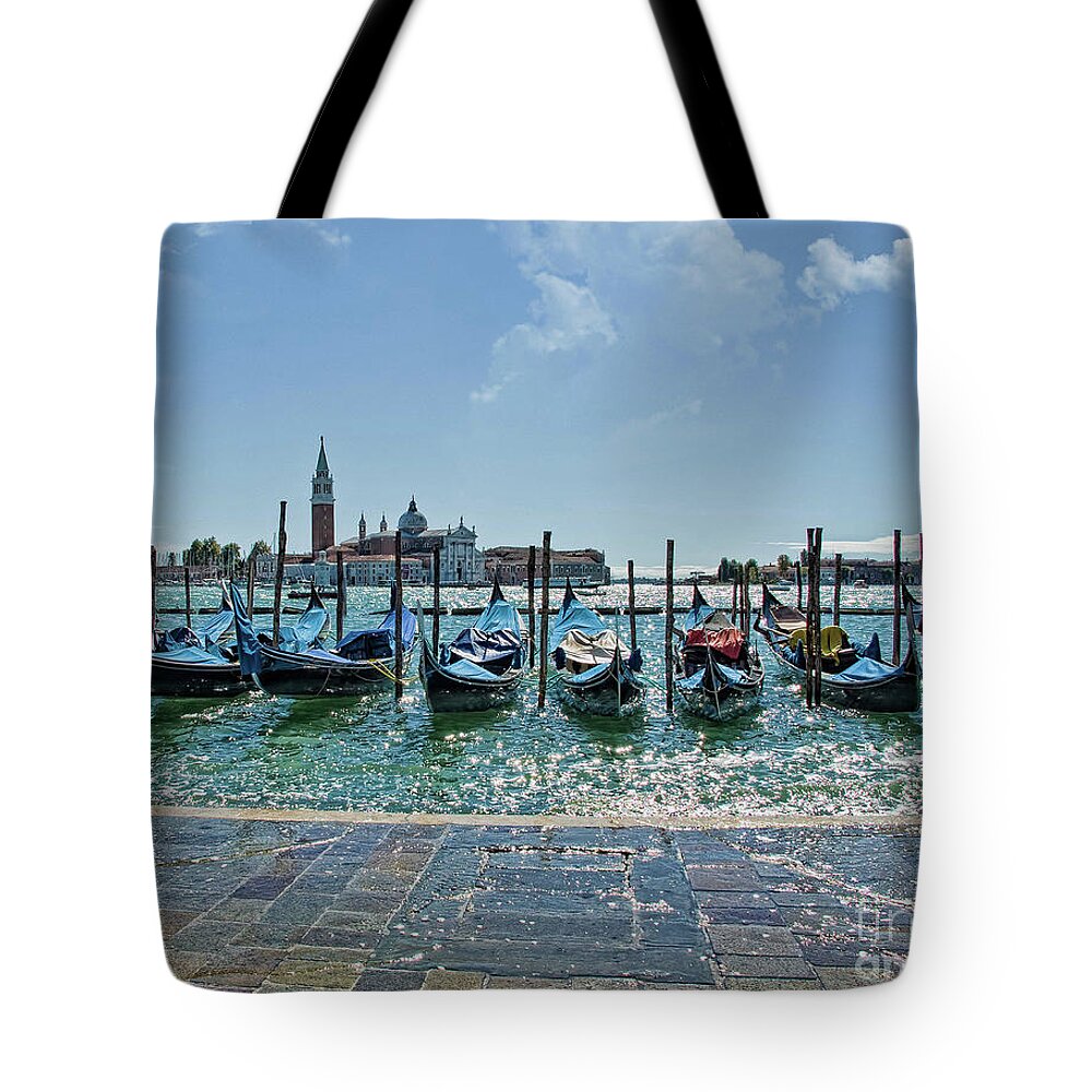Venetian Gondolas Tote Bag featuring the photograph Venice gondolas - morning by Maria Rabinky