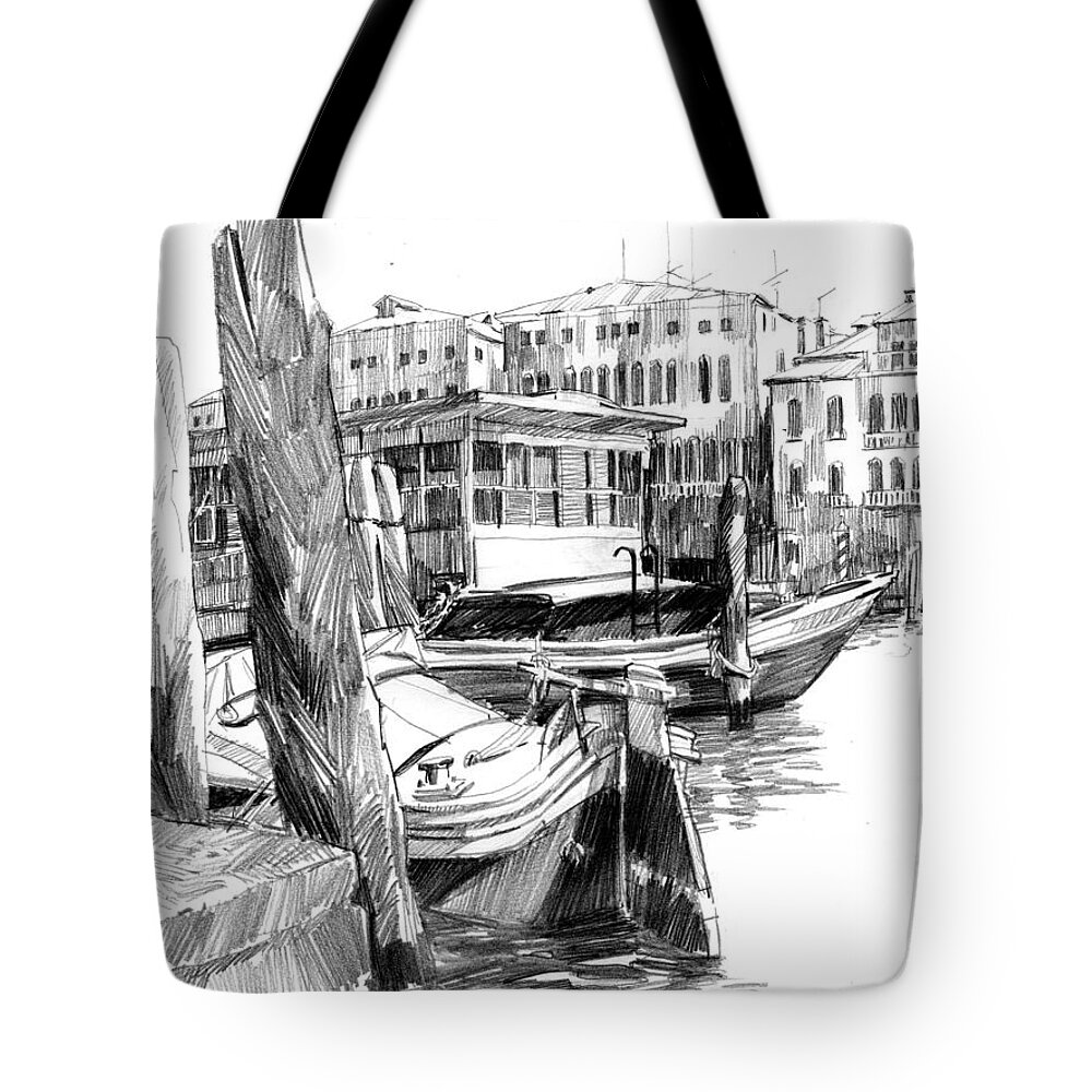Venice Tote Bag featuring the drawing Venice Sketches. Vaporetto Jetty by Igor Sakurov
