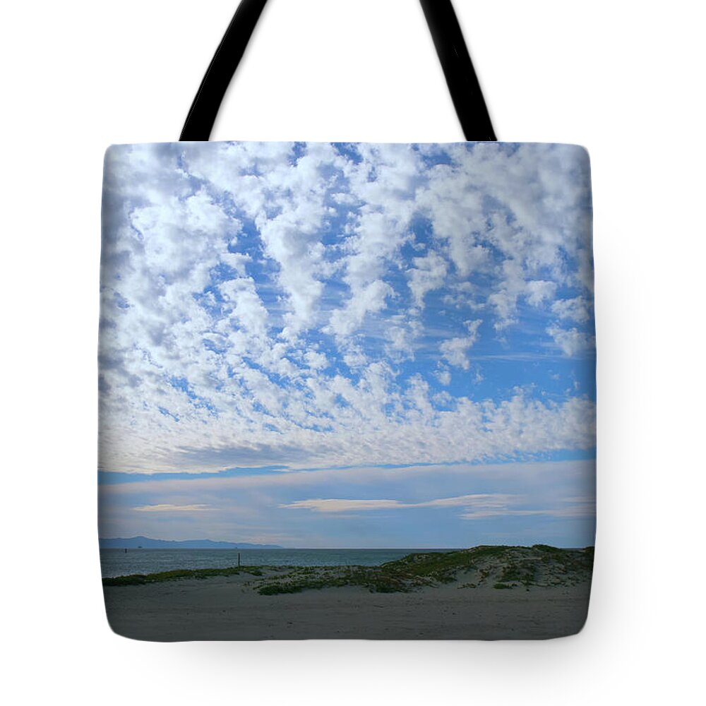 Ventura Beach Tote Bag featuring the photograph Ventura Beach with Blue Sky and Puffy Clouds by Ram Vasudev