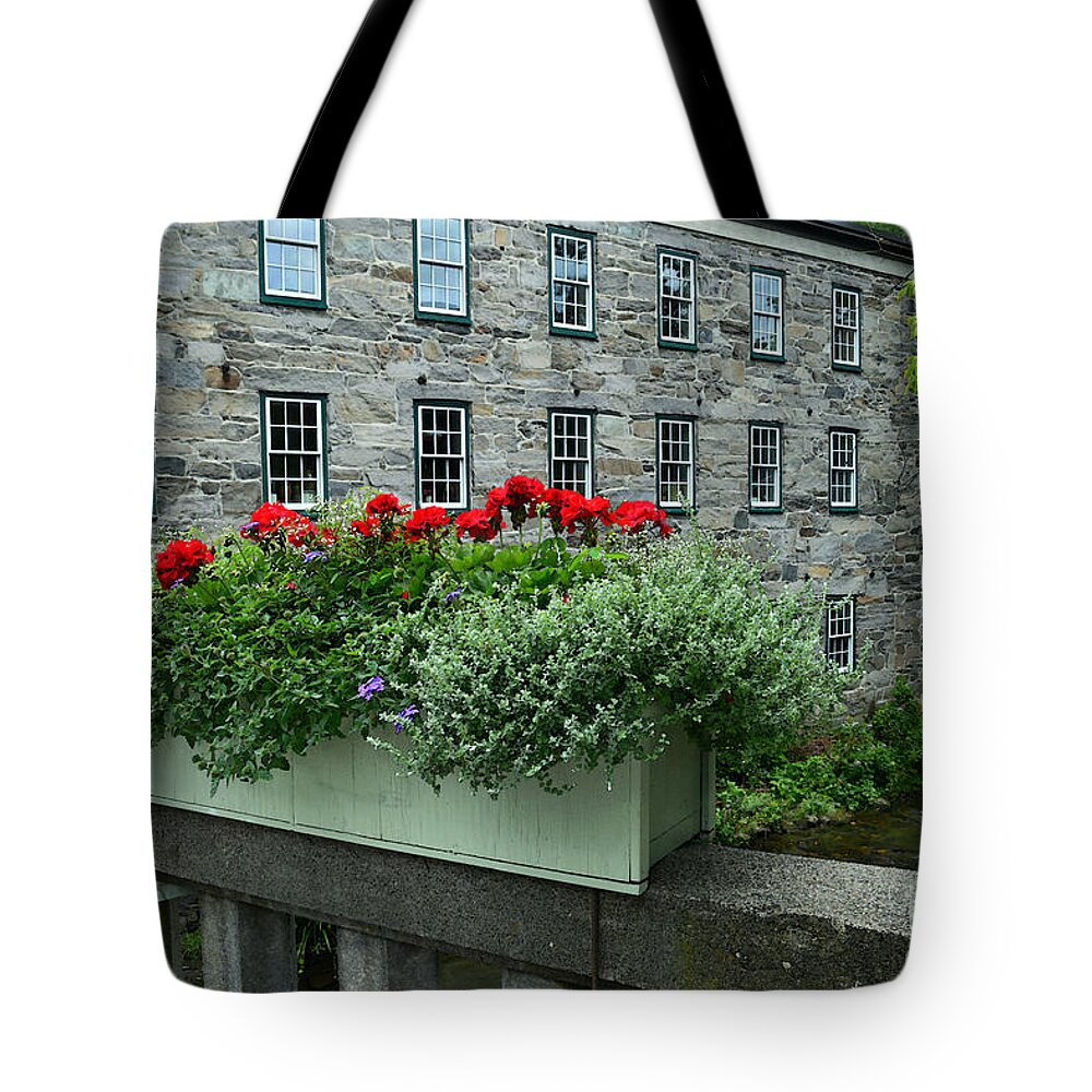 Woodstock Tote Bag featuring the photograph Vermont Bridge Flower Box by Catherine Sherman