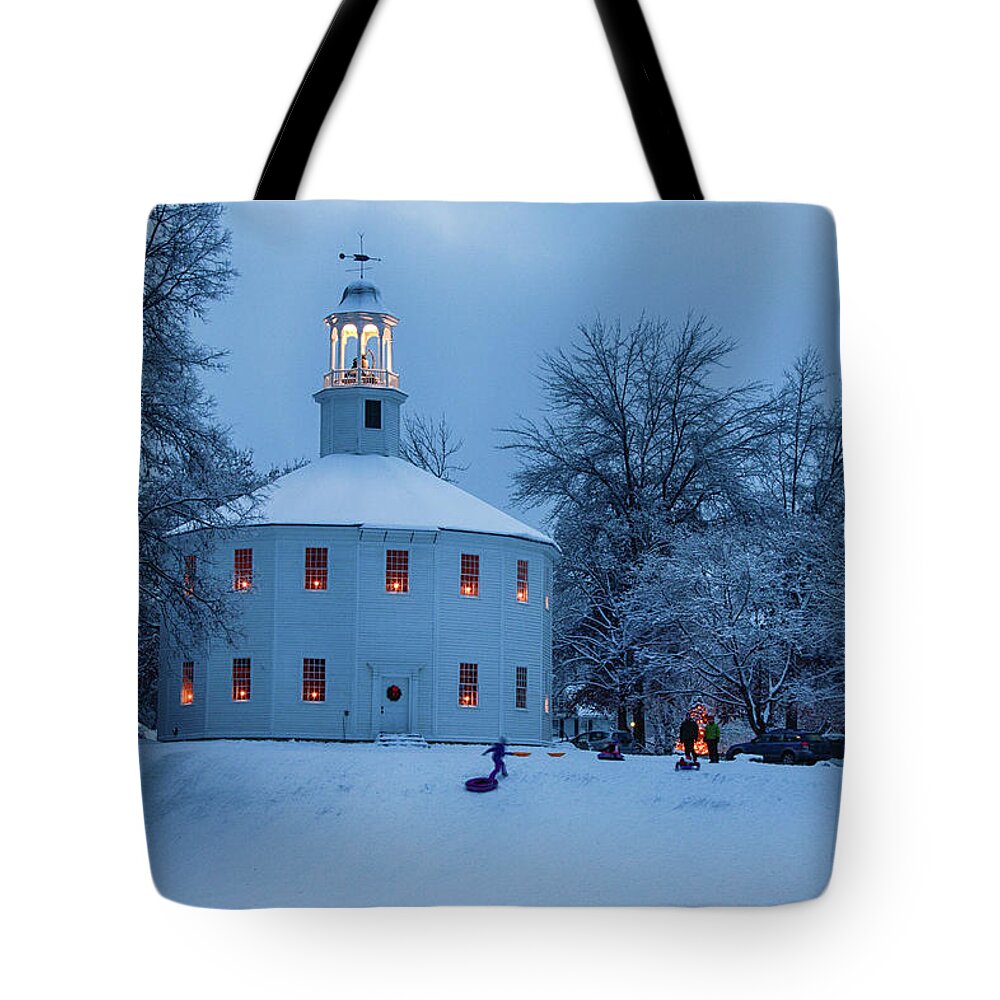 Blue Tote Bag featuring the photograph Vermont Old Round Church Christmas by Jeff Folger