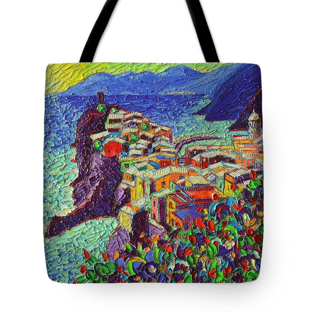 Vernazza Tote Bag featuring the painting Vernazza Cinque Terre Italy 2 Modern Impressionist Palette Knife Oil Painting By Ana Maria Edulescu by Ana Maria Edulescu