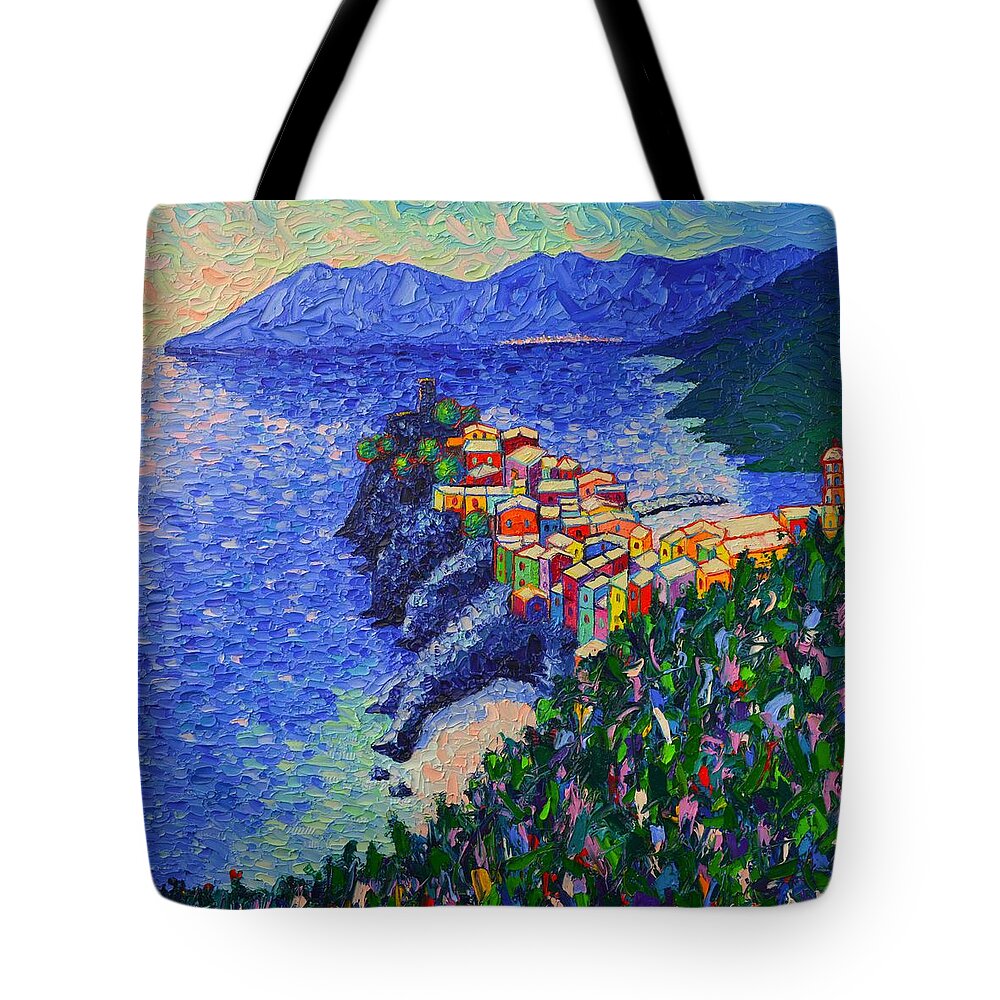 Vernazza Tote Bag featuring the painting Vernazza Light Cinque Terre Italy Modern Impressionist Palette Knife Oil Painting Ana Maria Edulescu by Ana Maria Edulescu