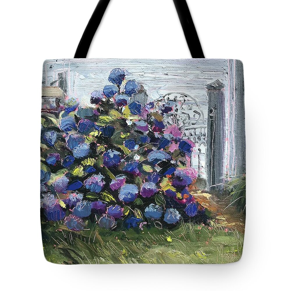 Hydrangea Painting Tote Bag featuring the painting Very Blue Hydrangea by Maggii Sarfaty