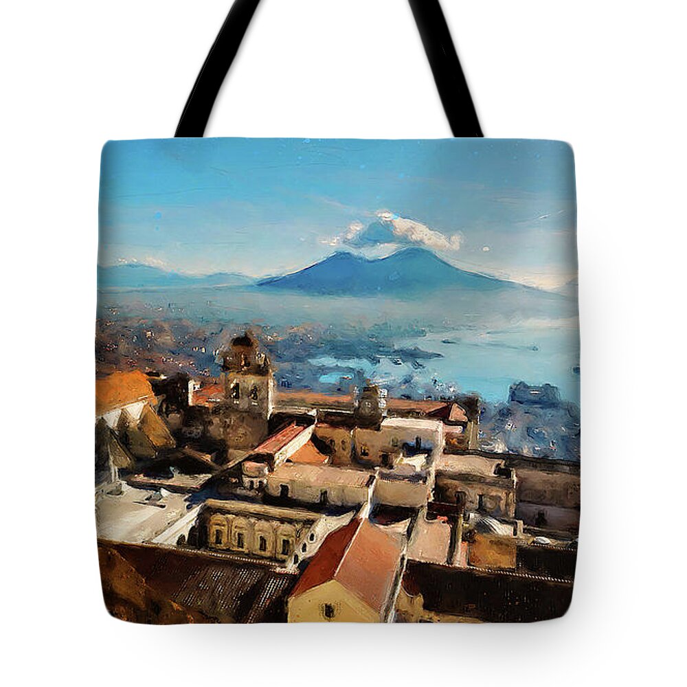 Gulf Of Naples Tote Bag featuring the painting Vesuvio, panorama from Naples - 03 by AM FineArtPrints