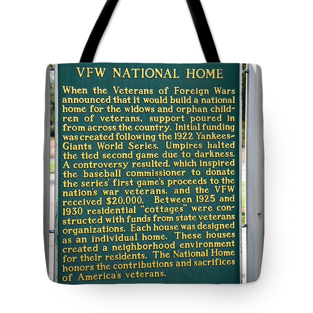 Vfw National Home Tote Bag featuring the photograph VFW National Home Michigan Historical Site Sign by Grace Grogan