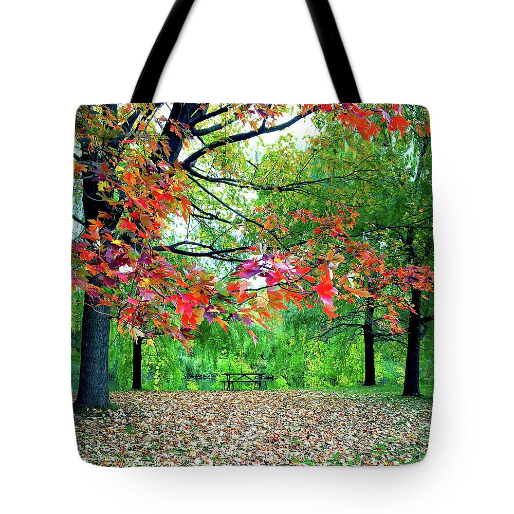 Trees Tote Bag featuring the photograph Vibrant autumn landscape by GoodMood Art