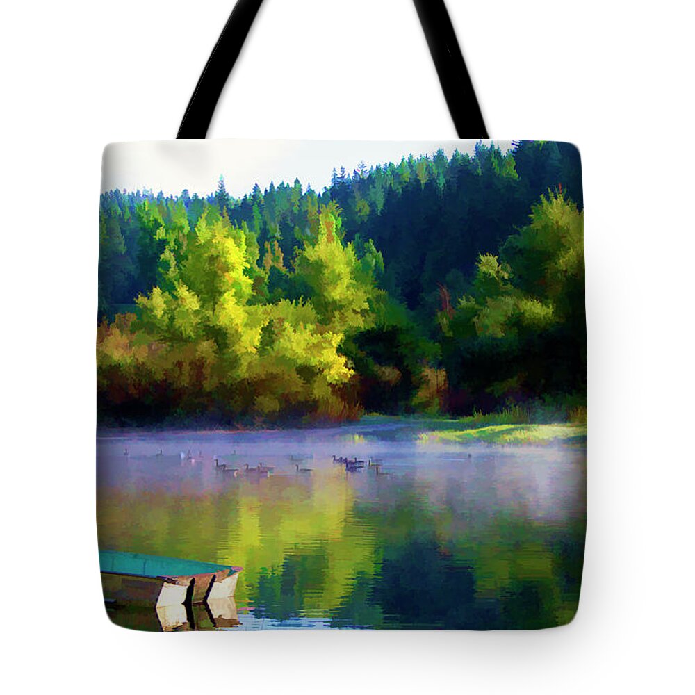 Landscape Tote Bag featuring the photograph Vibrant Color Pond Boat Geese by Chuck Kuhn