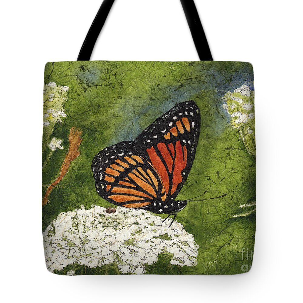 Butterfly Tote Bag featuring the painting Viceroy Butterfly on Queen Anne's Lace Watercolor Batik by Conni Schaftenaar