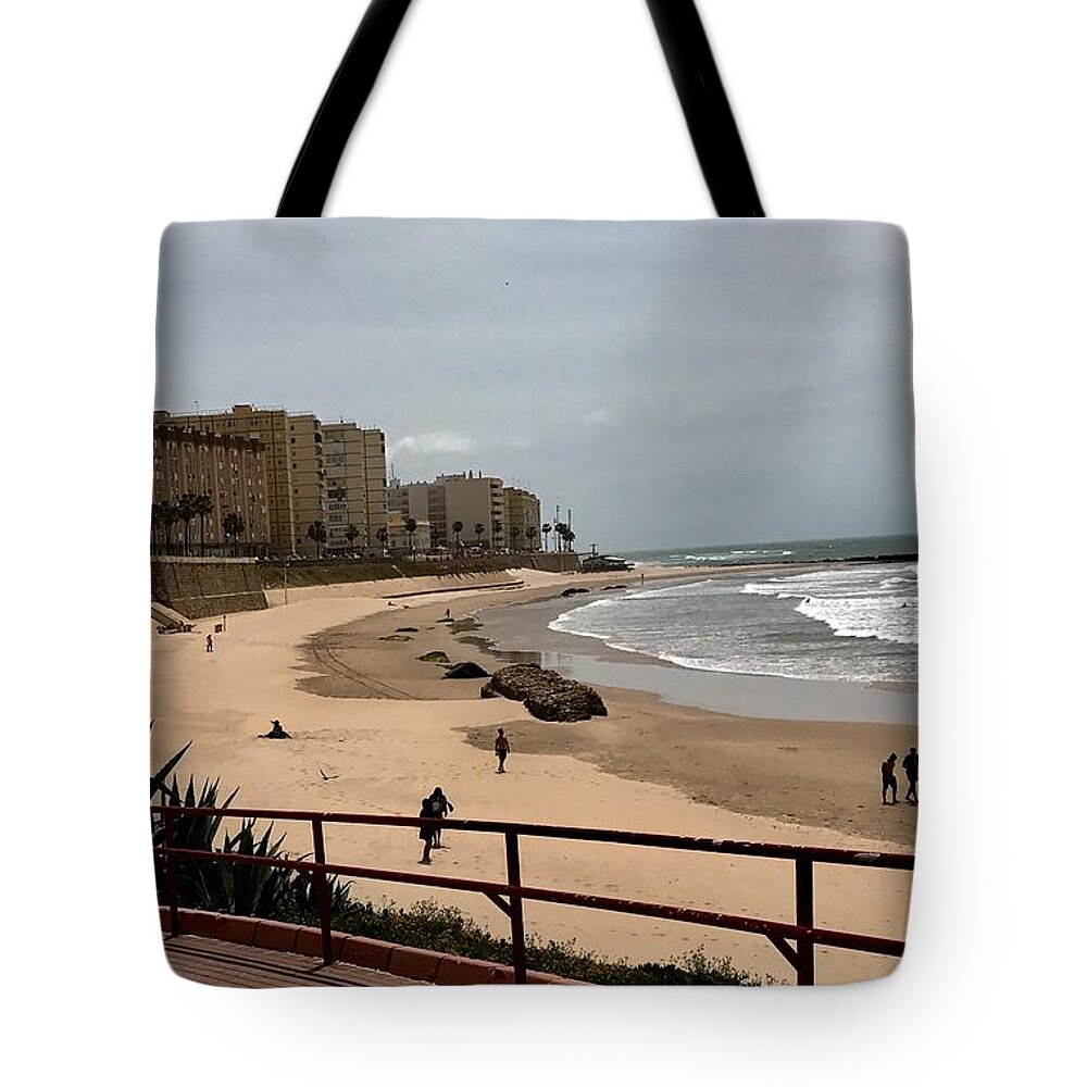 Bay Tote Bag featuring the photograph Victoria BeachBay of Cadiz in Spain by Kenlynn Schroeder