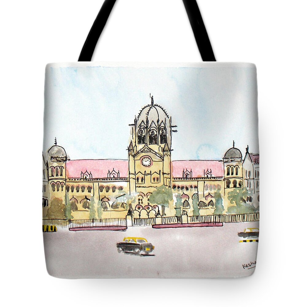 Mumbai Tote Bag featuring the painting Victoria Terminus by Keshava Shukla