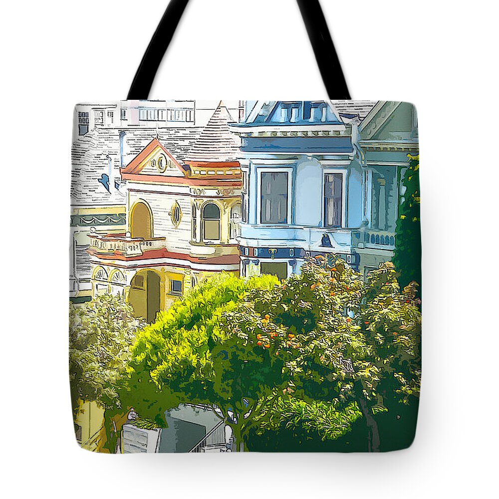 Victorian Tote Bag featuring the digital art Victorian Painted Ladies Houses in San Francisco California by Anthony Murphy