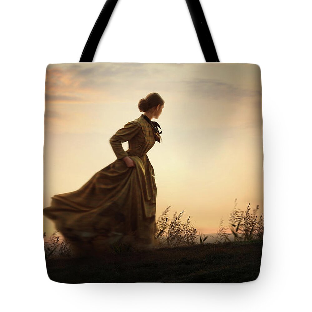 Victorian Tote Bag featuring the photograph Victorian Woman Running On The Moors by Lee Avison