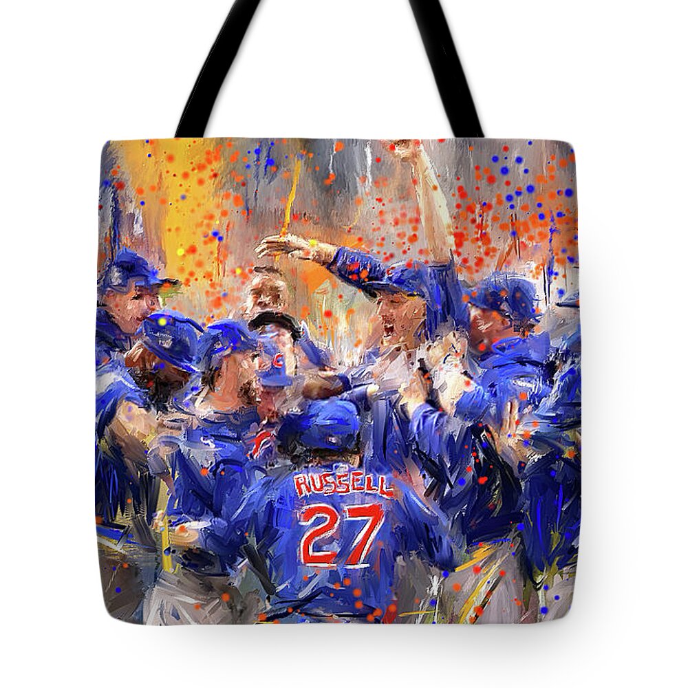Cubs Tote Bag featuring the painting Victory At Last - Cubs 2016 World Series Champions by Lourry Legarde