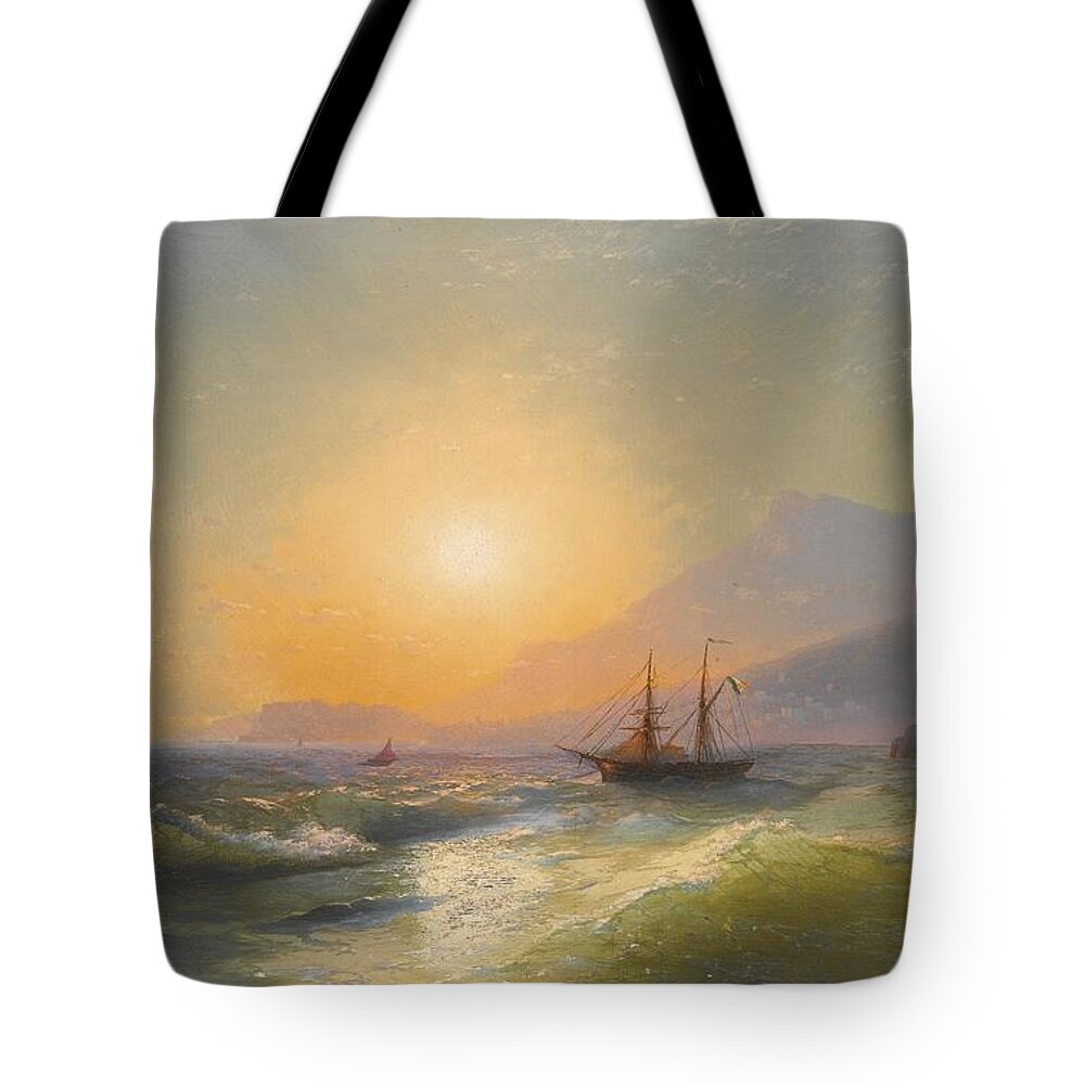 Ivan Konstantinovich Aivazovsky 1817-1900 View From Cap Martin With Monaco In The Distance. Sun Lighting Tote Bag featuring the painting View From Cap Martin With Monaco In The Distance by MotionAge Designs